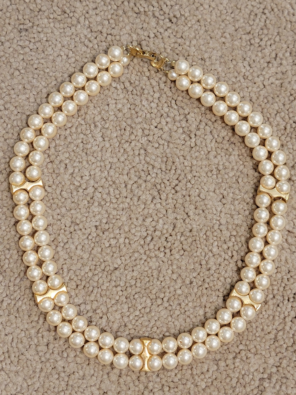 Classic Cream Faux Pearl Double-Strand Necklace with Gold Toned Accents